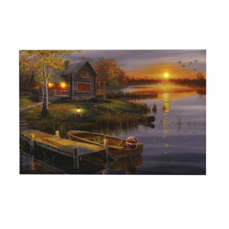 24" X 16" LED Wall Art Autumn Lake Cabin RIVERS-EDGE-PRODUCTS